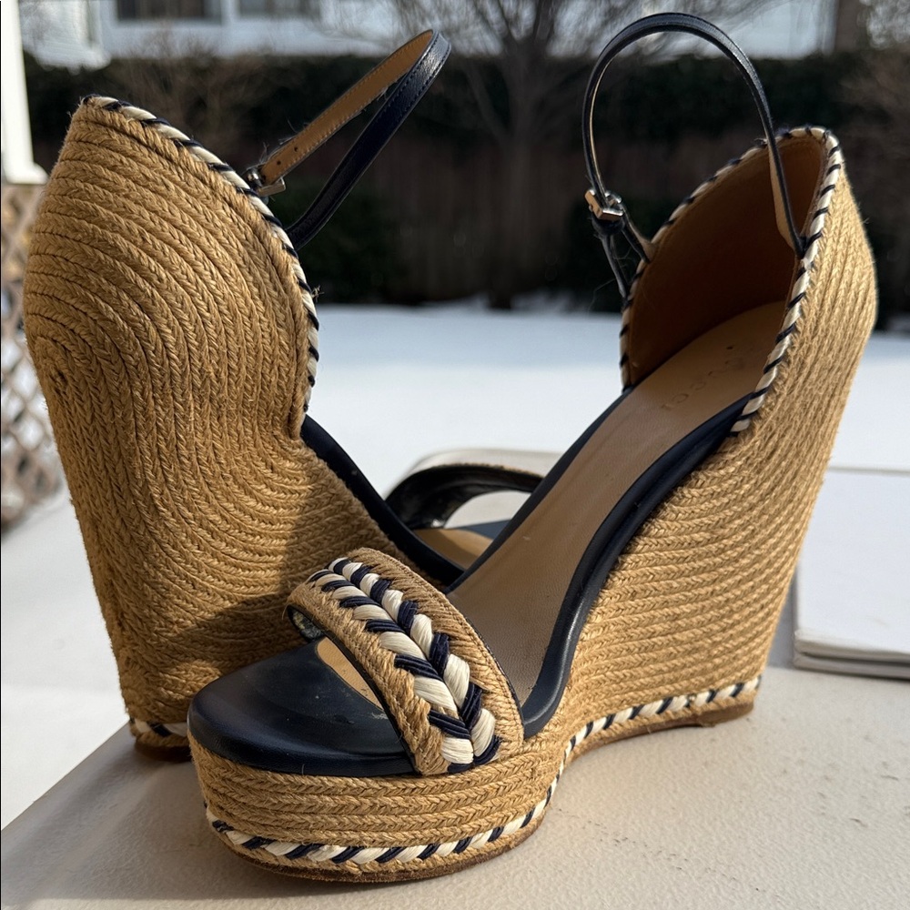 Gucci Tan and Navy Wedge Sandals